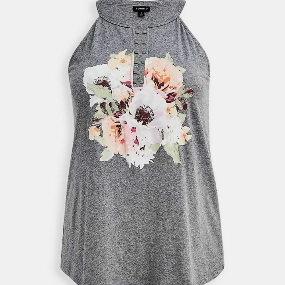 Torrid 1x Floral Grey Tank Top with O-Ring Detail